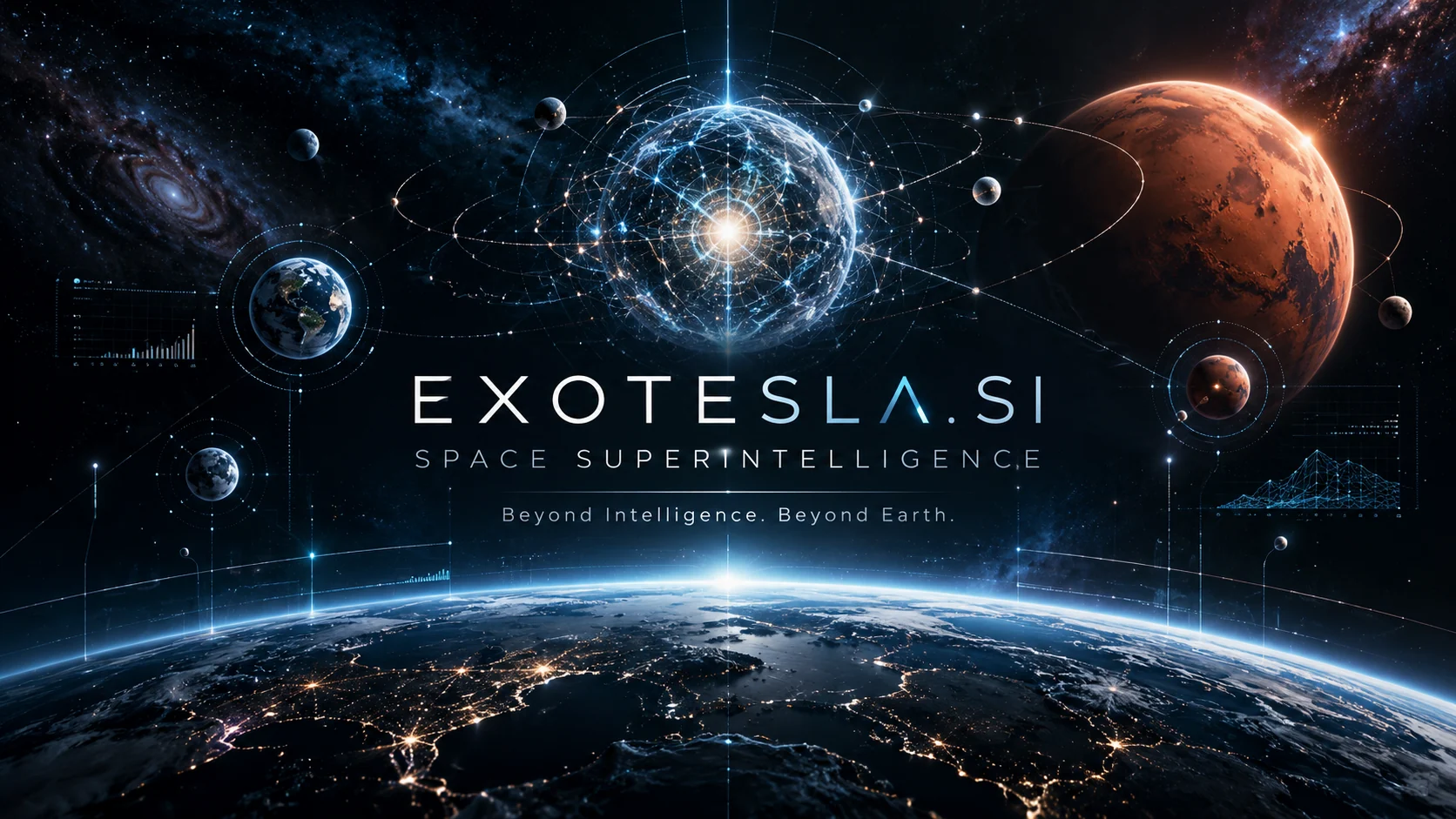 EXOTESLA.SI — Space Superintelligence. Beyond Intelligence. Beyond Earth. A cosmic visualization connecting planets with an intelligence network.